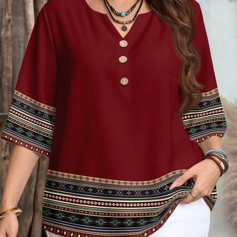 👔 LIMITED-TIME 50% OFF! ✨ Women's Casual Top – V-Neck, Button-Front, Patterned Trim, Soft 🍂