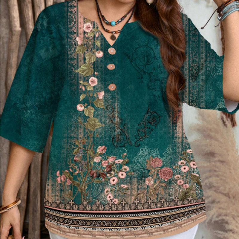 👔 LIMITED-TIME 50% OFF! ✨ Women's Casual Top – V-Neck, Button-Front, Patterned Trim, Soft 🍂