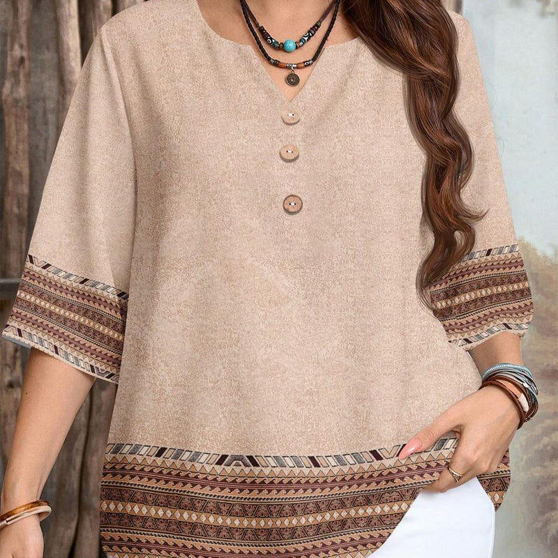 👔 LIMITED-TIME 50% OFF! ✨ Women's Casual Top – V-Neck, Button-Front, Patterned Trim, Soft 🍂