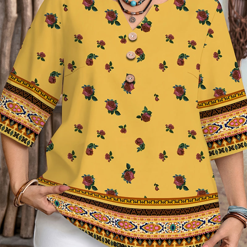 👔 LIMITED-TIME 50% OFF! ✨ Women's Casual Top – V-Neck, Button-Front, Patterned Trim, Soft 🍂