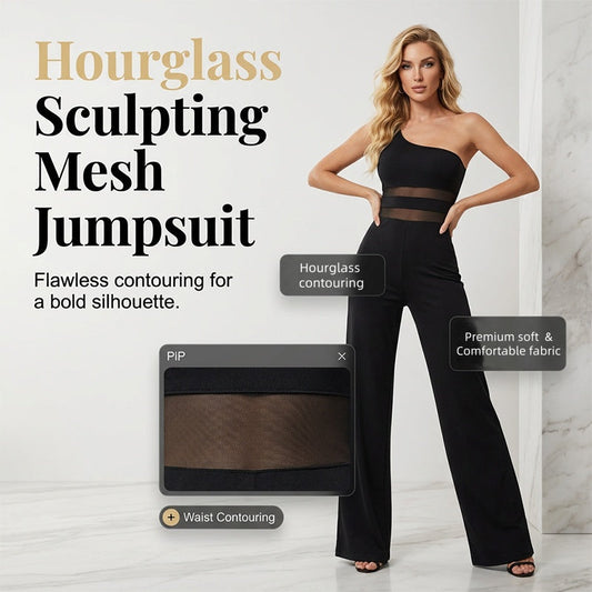 🔥2026 New Arrival🔥One-Shoulder Mesh Panel Wide-Leg Jumpsuit