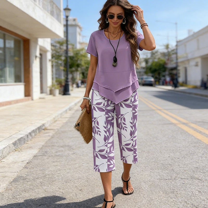 LIMITED-TIME 50% OFF! 🍃 Casual 2-Piece Set – Layered Tunic Top & Printed Wide-Leg Pants, Lightweight Polyester 🌸