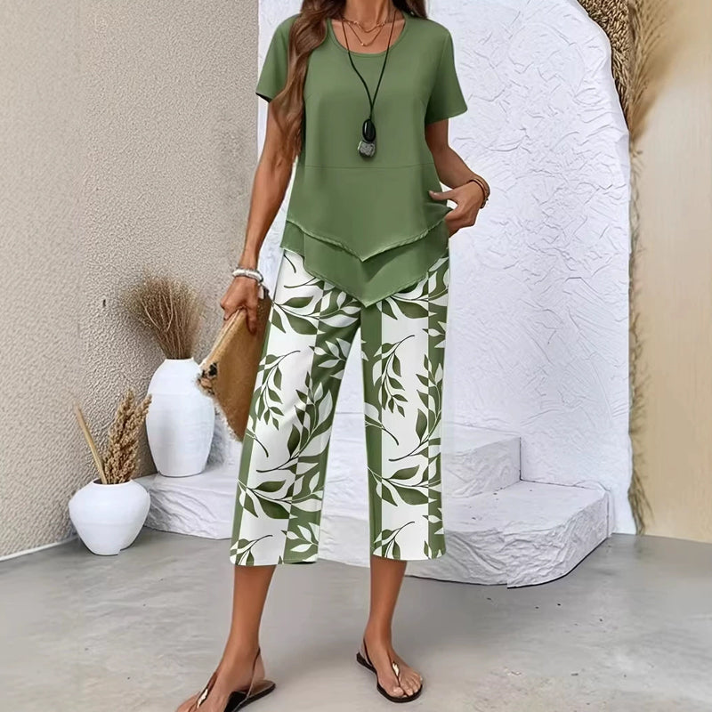 LIMITED-TIME 50% OFF! 🍃 Casual 2-Piece Set – Layered Tunic Top & Printed Wide-Leg Pants, Lightweight Polyester 🌸