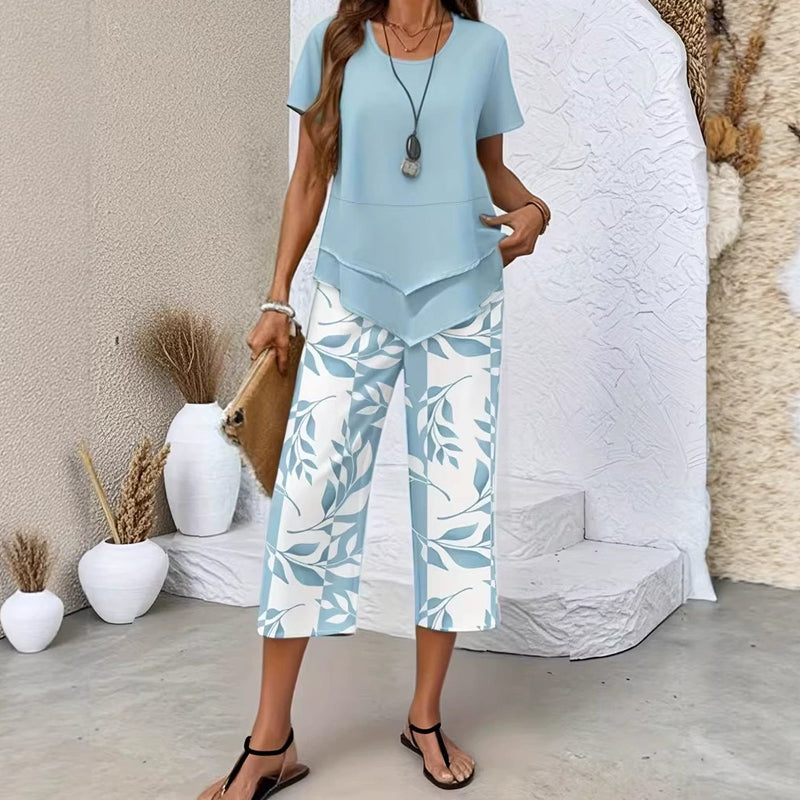 LIMITED-TIME 50% OFF! 🍃 Casual 2-Piece Set – Layered Tunic Top & Printed Wide-Leg Pants, Lightweight Polyester 🌸