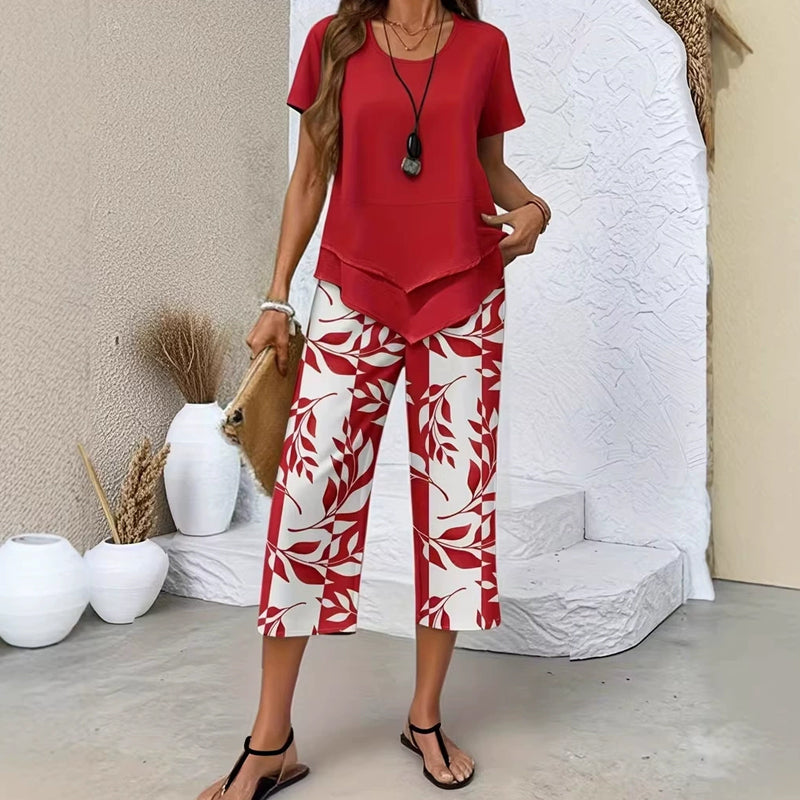 LIMITED-TIME 50% OFF! 🍃 Casual 2-Piece Set – Layered Tunic Top & Printed Wide-Leg Pants, Lightweight Polyester 🌸