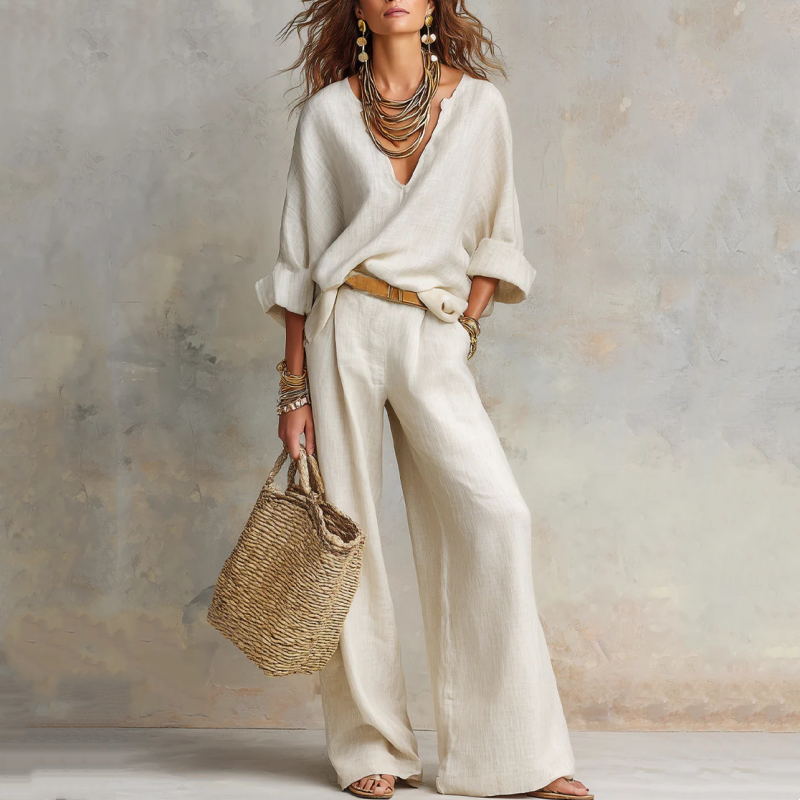 📢📢50% OFF !! ⏰Women's V-Neck Top & Wide-Leg Pants 2-Piece Set