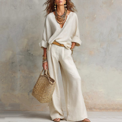 📢📢50% OFF !! ⏰Women's V-Neck Top & Wide-Leg Pants 2-Piece Set