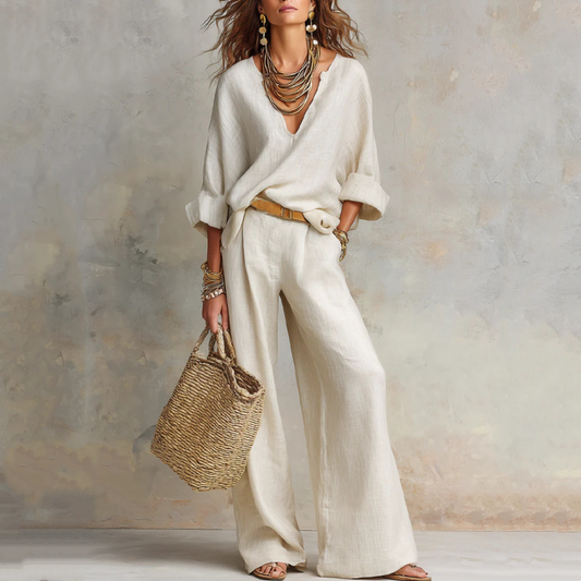 📢📢50% OFF !! ⏰Women's V-Neck Top & Wide-Leg Pants 2-Piece Set