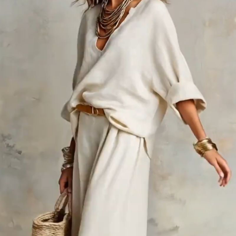 📢📢50% OFF !! ⏰Women's V-Neck Top & Wide-Leg Pants 2-Piece Set