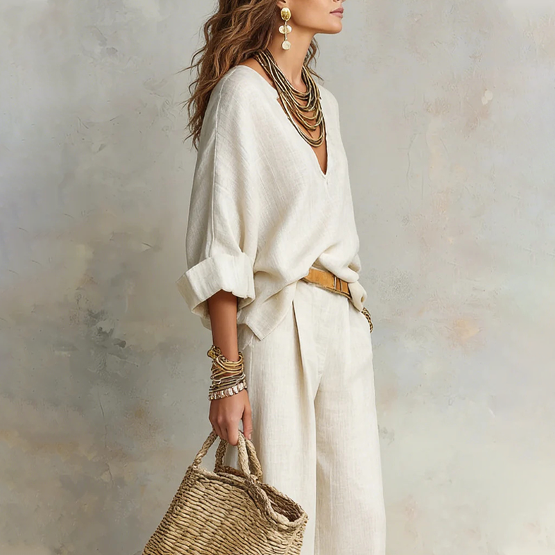 📢📢50% OFF !! ⏰Women's V-Neck Top & Wide-Leg Pants 2-Piece Set