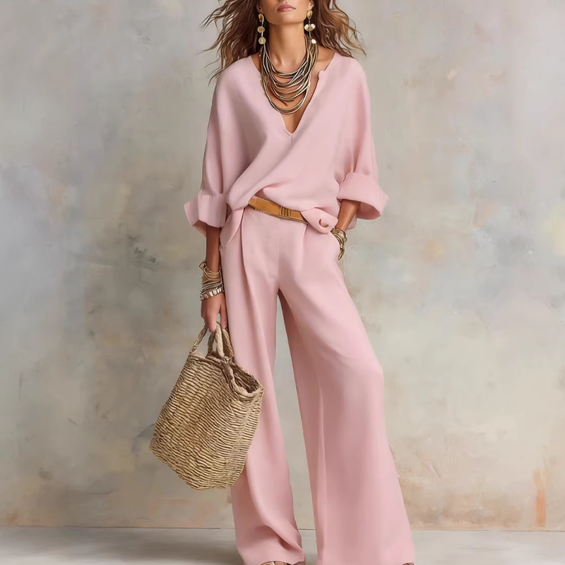 📢📢50% OFF !! ⏰Women's V-Neck Top & Wide-Leg Pants 2-Piece Set