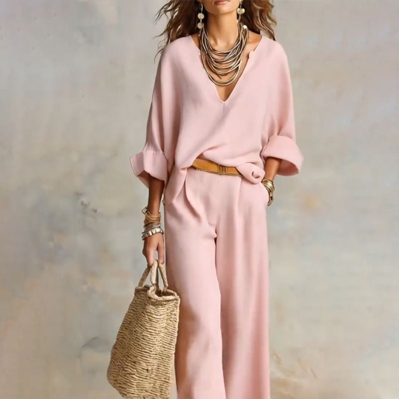 📢📢50% OFF !! ⏰Women's V-Neck Top & Wide-Leg Pants 2-Piece Set