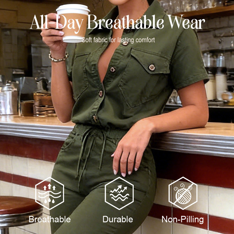 👗2026 New Collection! 🌟 Short Sleeve Button-Front Jumpsuit for Women – Drawstring Waist, Jogger Cuffs 🍃