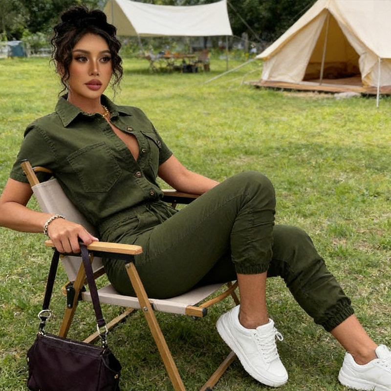 👗2026 New Collection! 🌟 Short Sleeve Button-Front Jumpsuit for Women – Drawstring Waist, Jogger Cuffs 🍃