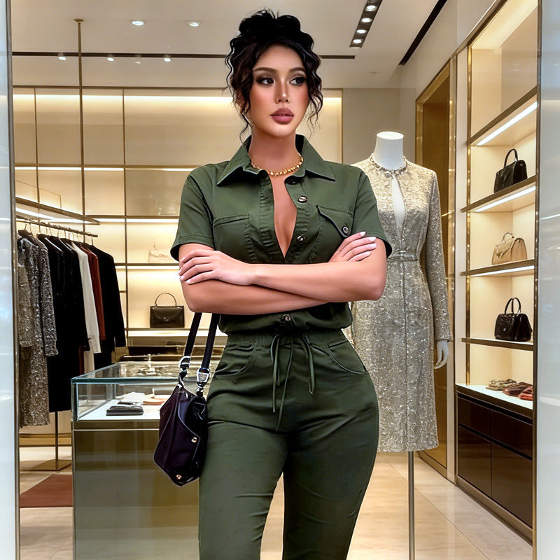 👗2026 New Collection! 🌟 Short Sleeve Button-Front Jumpsuit for Women – Drawstring Waist, Jogger Cuffs 🍃