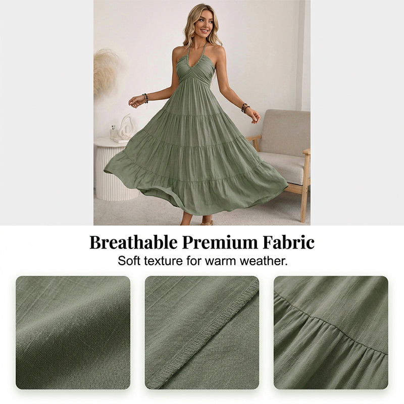 👗 50% OFF NOW! 🌴 Women's Halter Neck Backless Maxi Dress – Tiered, Flowy, Resort Style 🌺