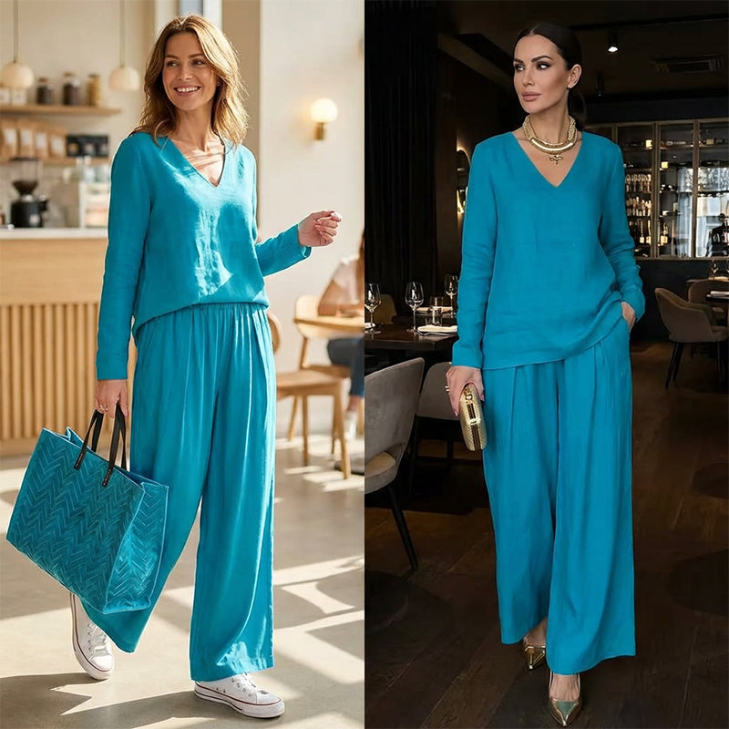 ✨ NEW! Women's V-Neck Lounge Set with Wide-Leg Pants