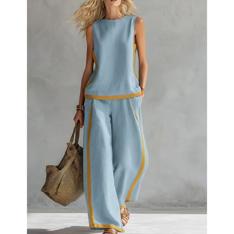 🔥New arrivals on sale-Casual Sleeveless Colorblock Top & Wide-Leg Pants Set