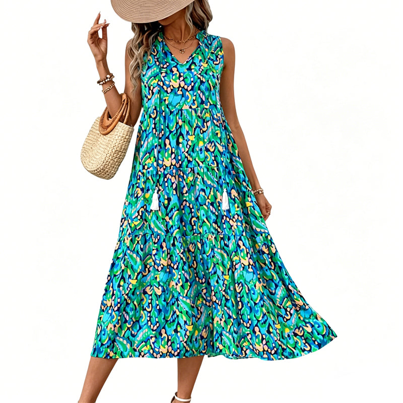 🔥2026 Newest Models-Women's Sleeveless Abstract Print Tiered Midi Dress