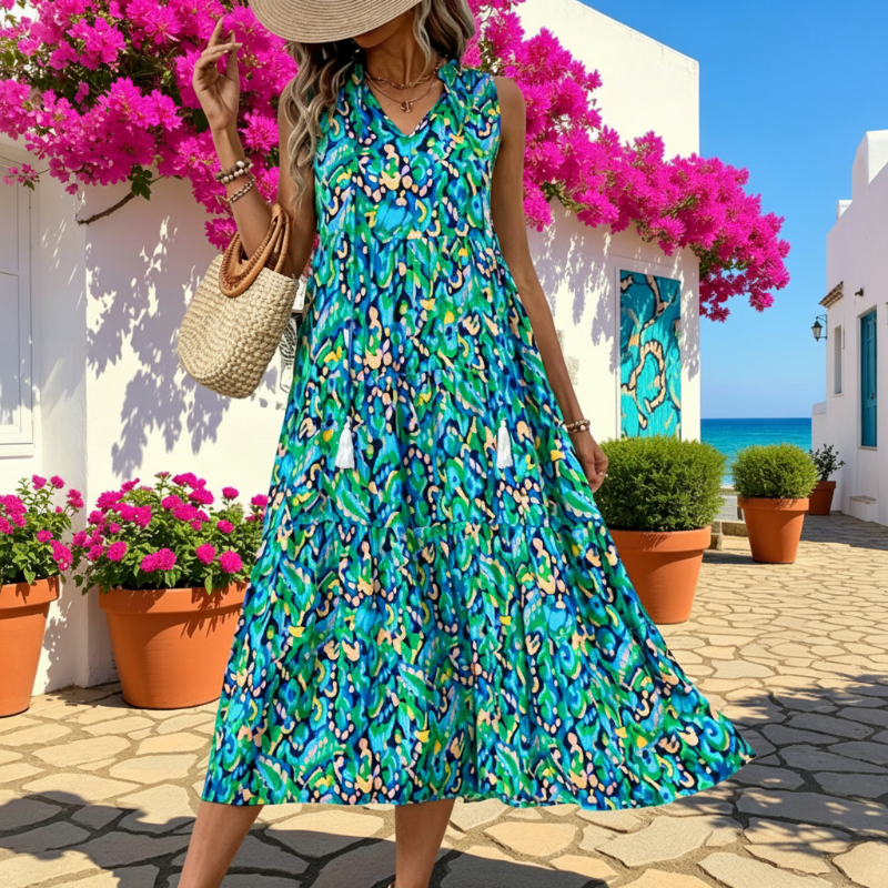 🔥2026 Newest Models-Women's Sleeveless Abstract Print Tiered Midi Dress