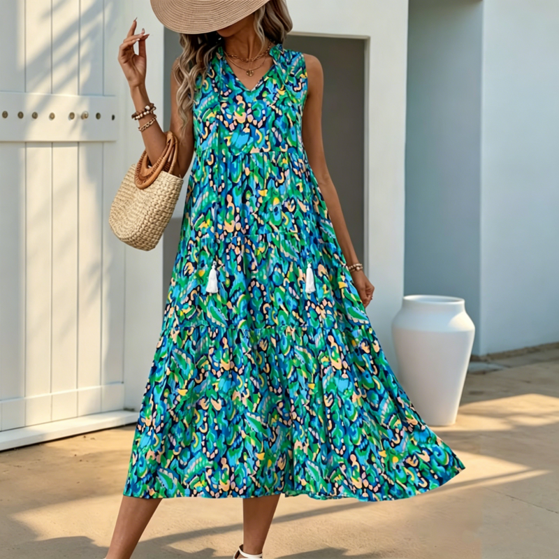 🔥2026 Newest Models-Women's Sleeveless Abstract Print Tiered Midi Dress