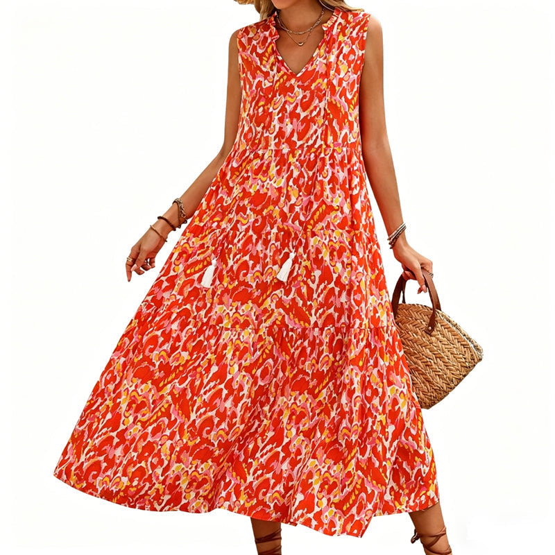 🔥2026 Newest Models-Women's Sleeveless Abstract Print Tiered Midi Dress