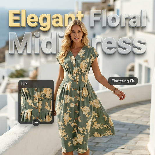 Women's V-Neck Floral Print Button-Down Midi Dress