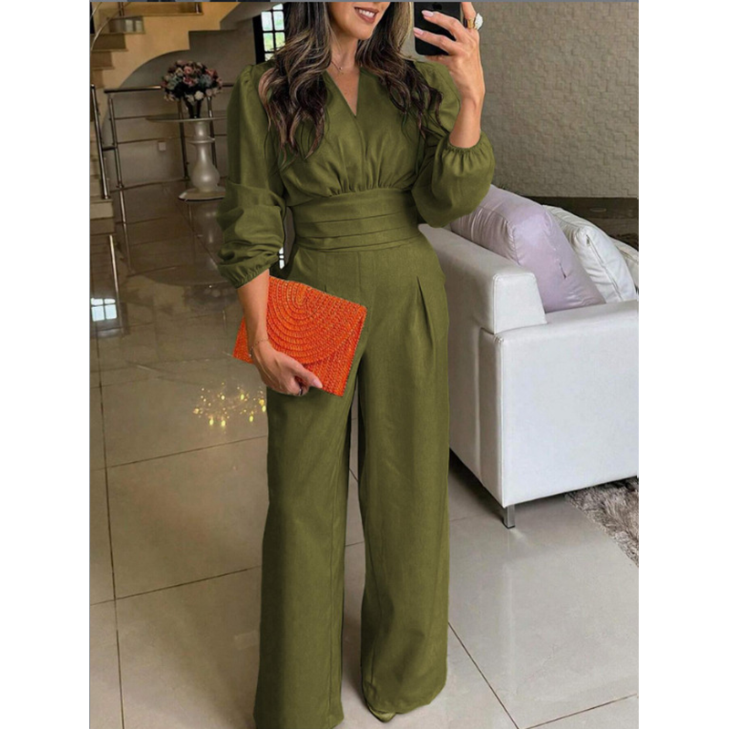 Chic Long Sleeve V-Neck Palazzo Jumpsuit