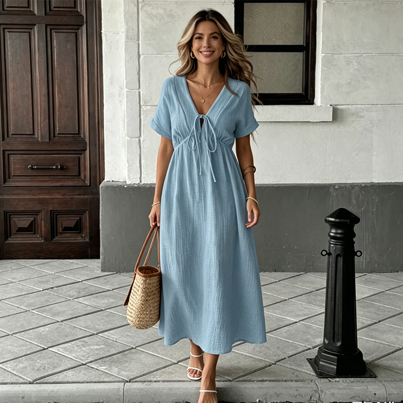 👗 50% OFF NOW! 🌸 Women's Summer V-Neck Tie-Front Midi Dress – Empire Waist, Flowy A-Line & Breathable Cotton Blend ☀️