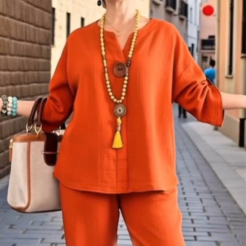 Women's Comfortable Roll-Tab Sleeve Loungewear Set