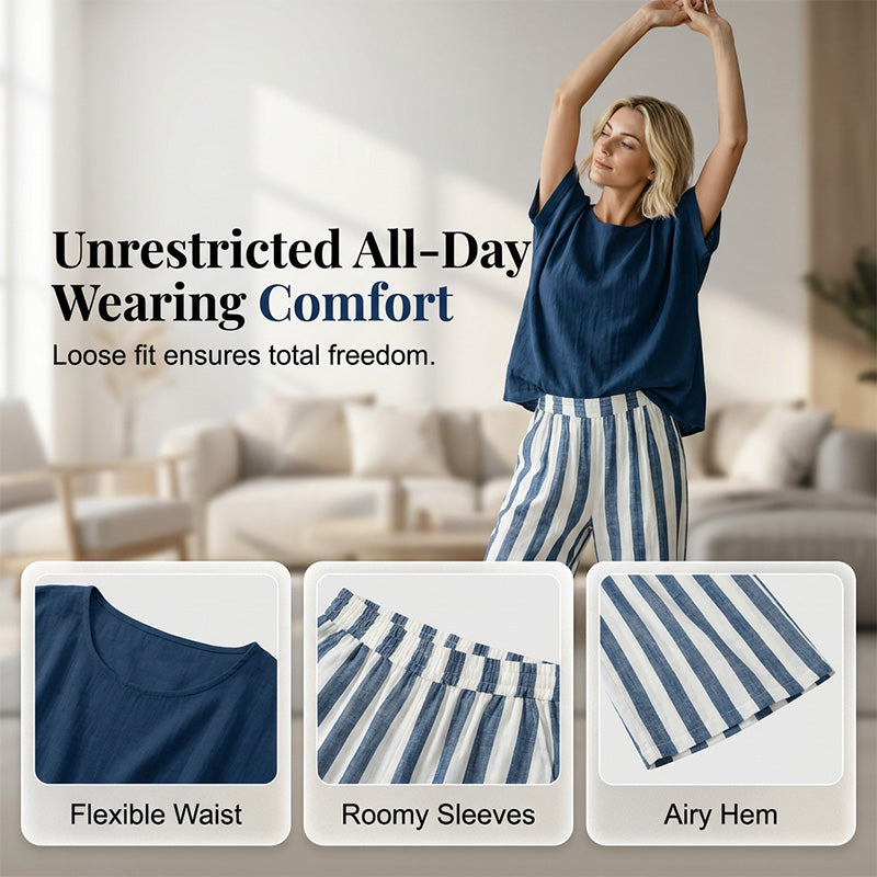 🌿 Effortless Weekend Style – Women's Casual Solid Top & Striped Wide-Leg Pants You’ll Adore👖👚