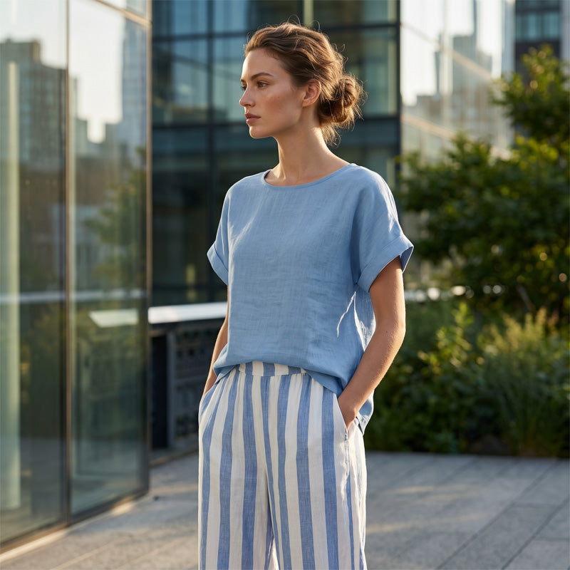 🌿 Effortless Weekend Style – Women's Casual Solid Top & Striped Wide-Leg Pants You’ll Adore👖👚