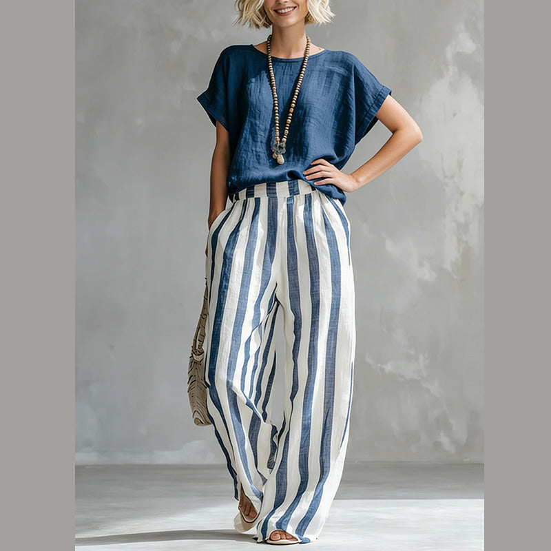 🌿 Effortless Weekend Style – Women's Casual Solid Top & Striped Wide-Leg Pants You’ll Adore👖👚