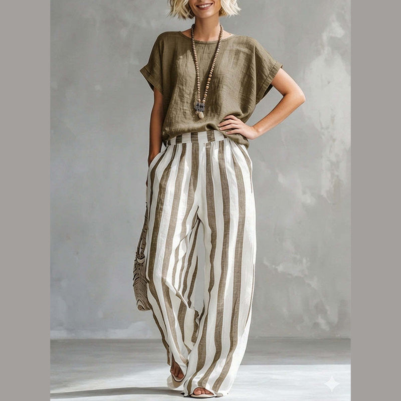 🌿 Effortless Weekend Style – Women's Casual Solid Top & Striped Wide-Leg Pants You’ll Adore👖👚