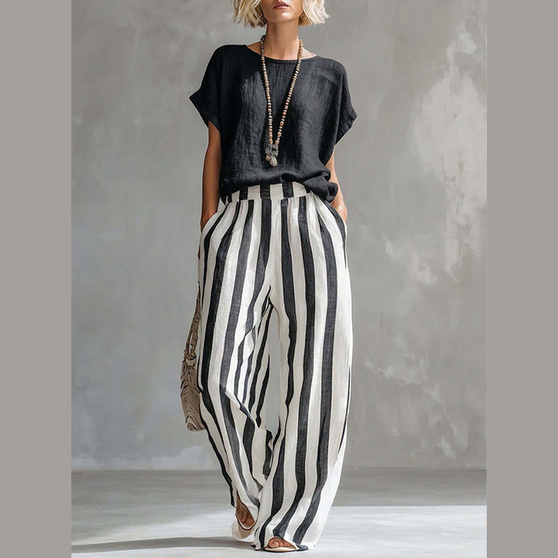 🌿 Effortless Weekend Style – Women's Casual Solid Top & Striped Wide-Leg Pants You’ll Adore👖👚
