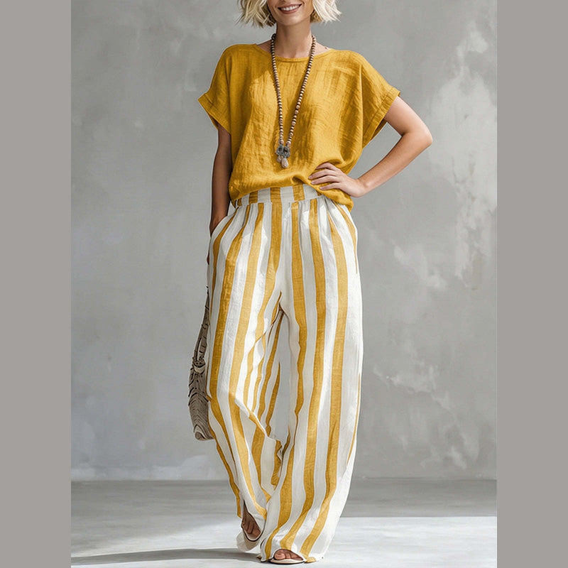 🌿 Effortless Weekend Style – Women's Casual Solid Top & Striped Wide-Leg Pants You’ll Adore👖👚