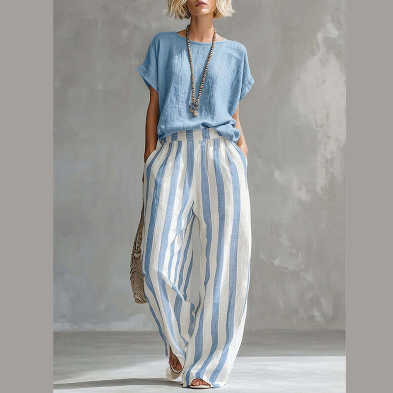 🌿 Effortless Weekend Style – Women's Casual Solid Top & Striped Wide-Leg Pants You’ll Adore👖👚