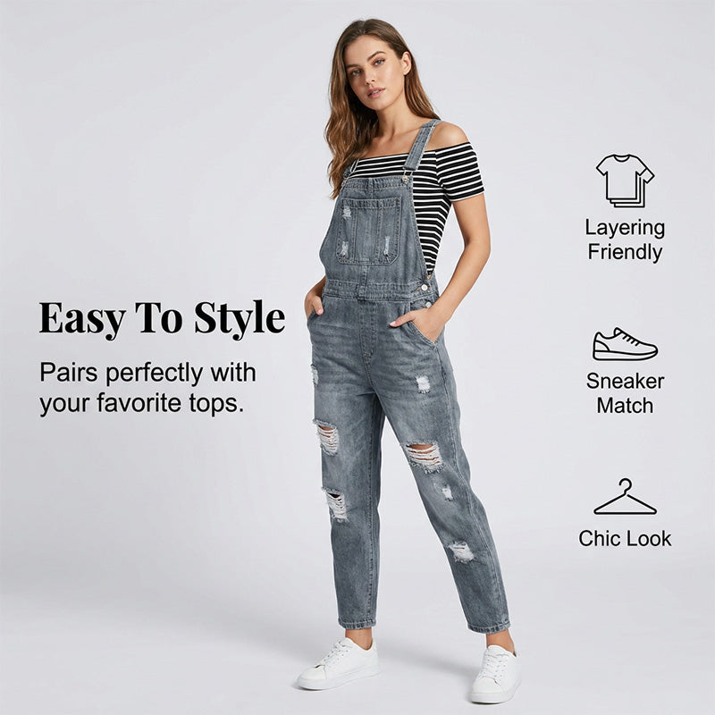 🎁 BUY 2 GET 1 FREE – Women's Casual Distressed Denim Jumpsuit, Relaxed One-Piece with Trendy Ripped Details for Everyday Style
