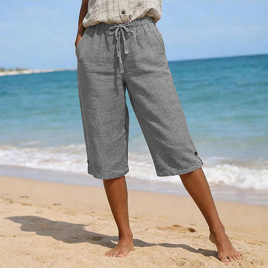 Women's Casual Cropped Pants with Button Detail