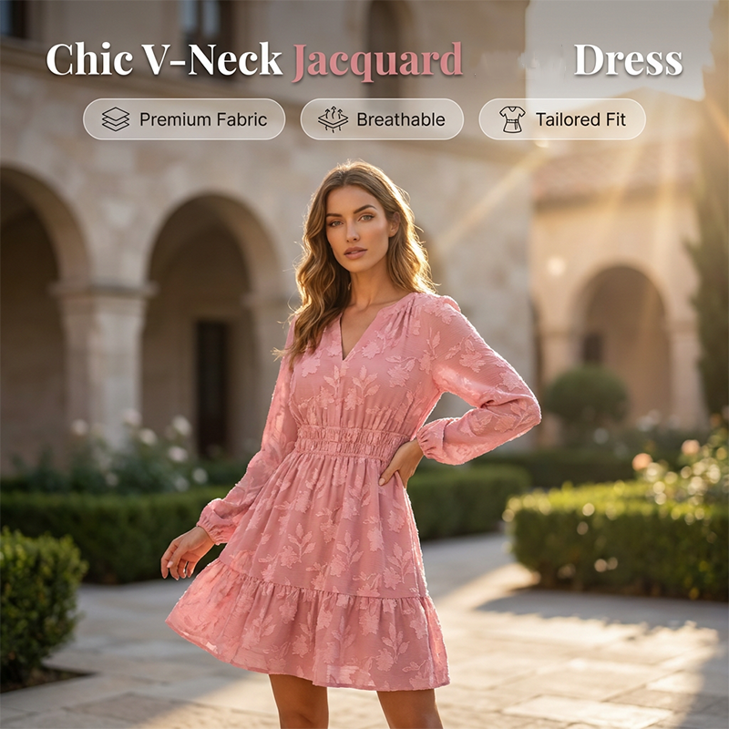 Women's Long Sleeve V-Neck Floral Jacquard Dress