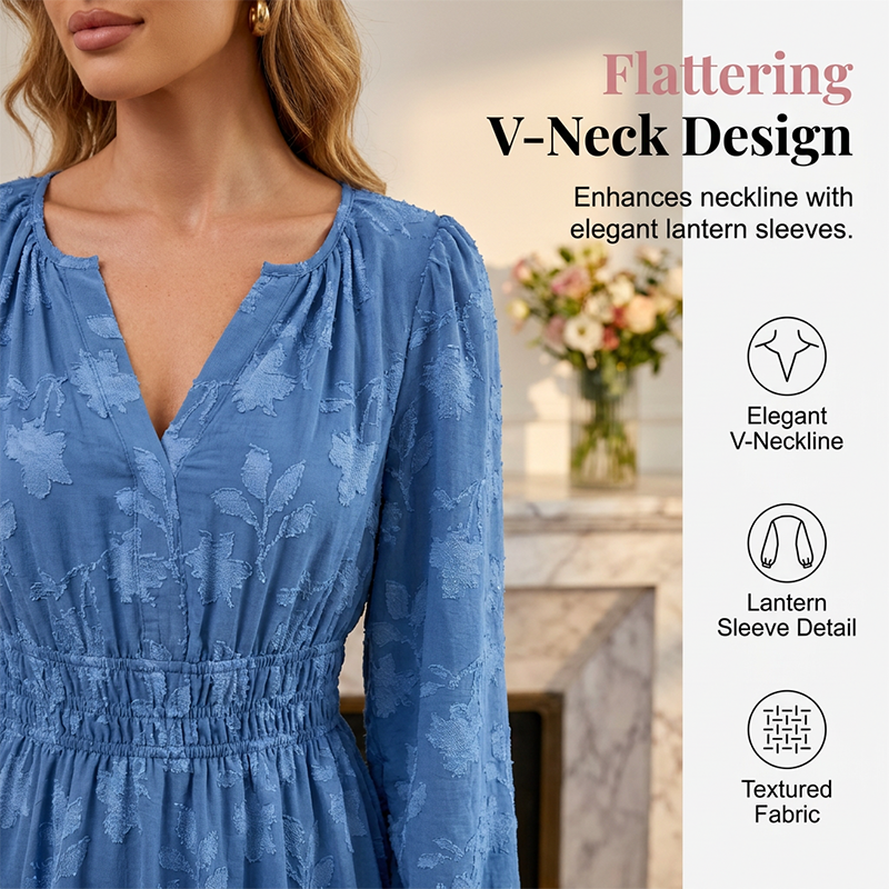 Women's Long Sleeve V-Neck Floral Jacquard Dress