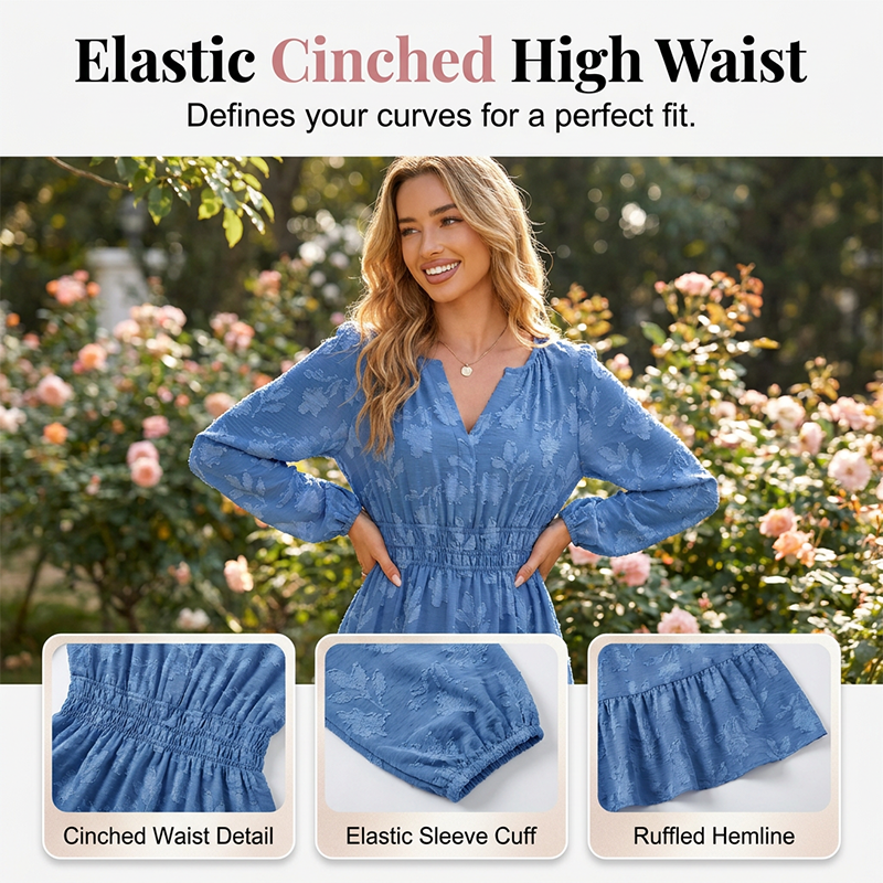 Women's Long Sleeve V-Neck Floral Jacquard Dress