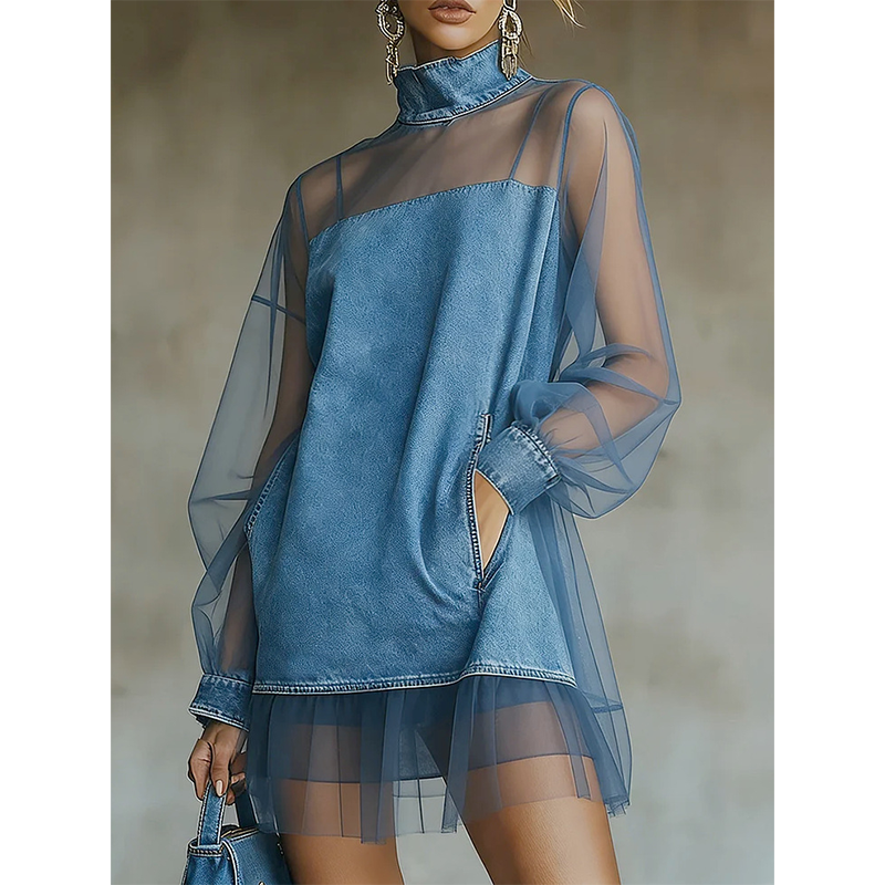 🔥Limited-time offer-Lantern Sleeve Faux Collar Denim Skirt