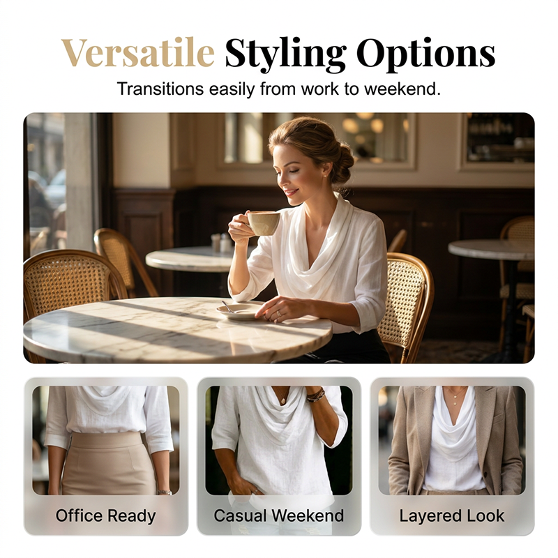 Women's Draped Neck 3/4 Sleeve Pleated Shirt