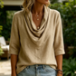 Women's Draped Neck 3/4 Sleeve Pleated Shirt