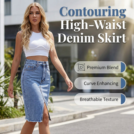 Women's High-Waist Denim Skirt with Front Slit
