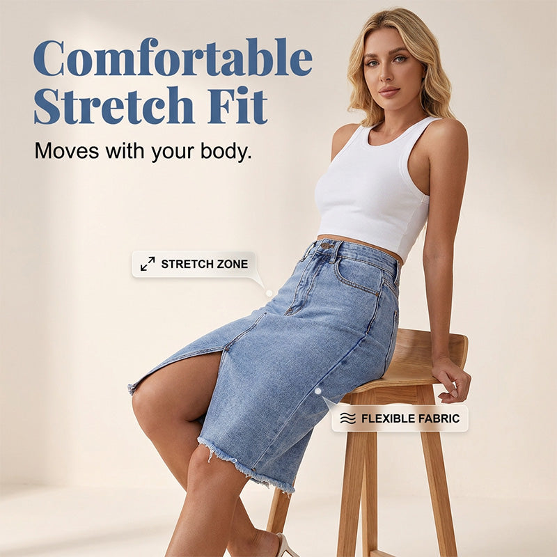 Women's High-Waist Denim Skirt with Front Slit