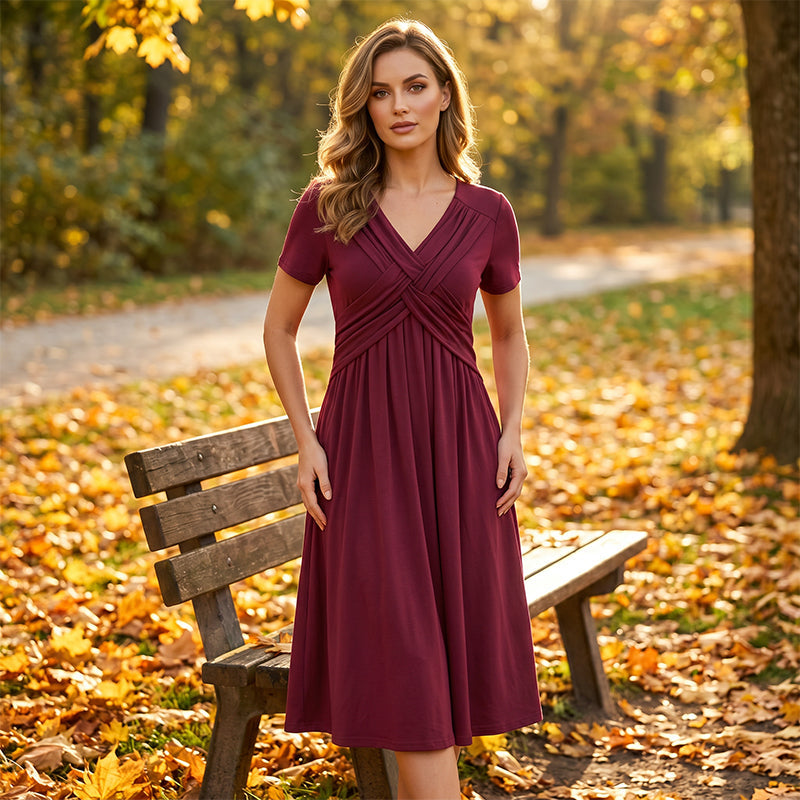 Women's V-Neck Cross-Front Pleated Dress