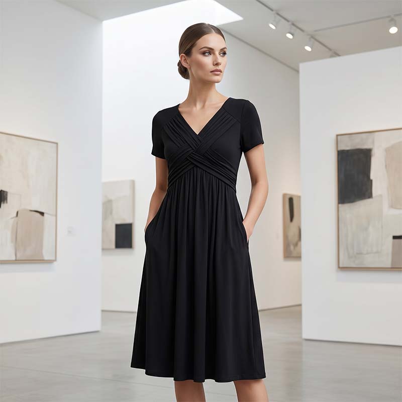 Women's V-Neck Cross-Front Pleated Dress