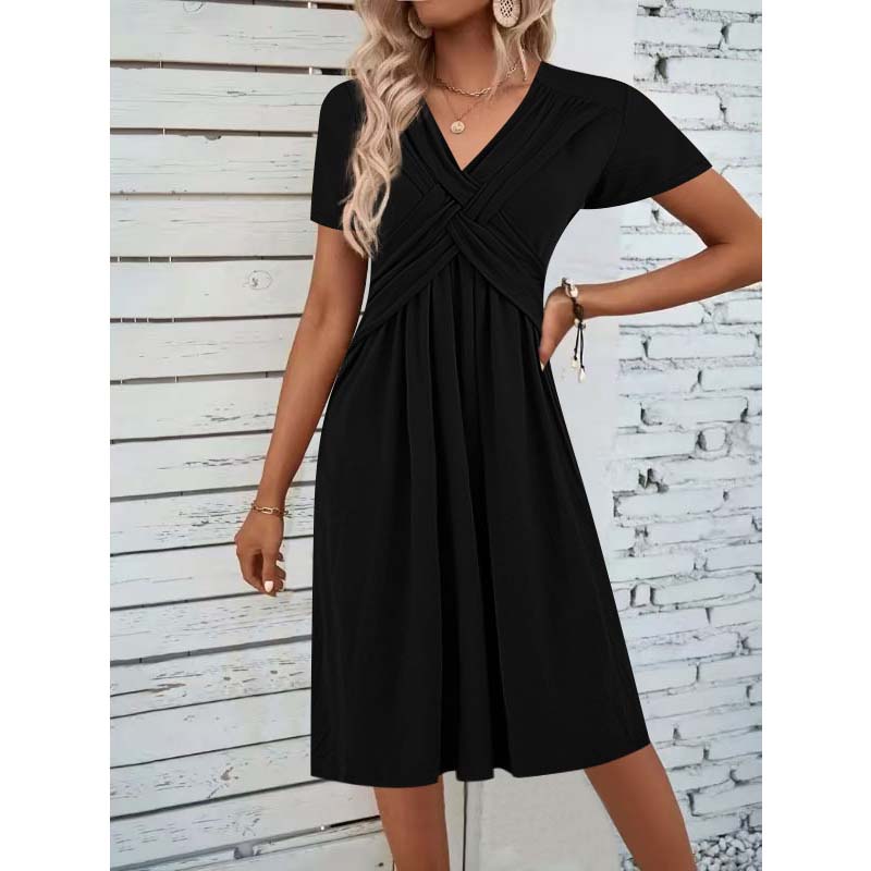 Women's V-Neck Cross-Front Pleated Dress